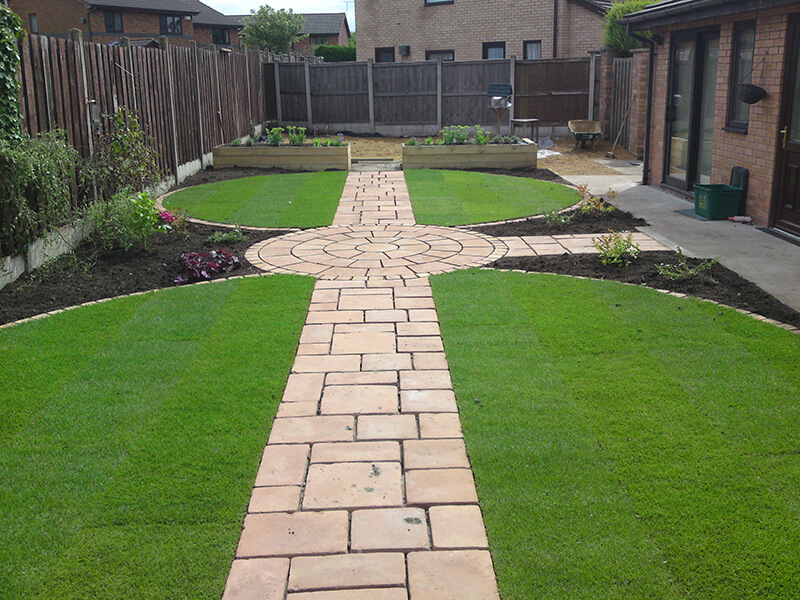 Contemporary garden design with grass circles